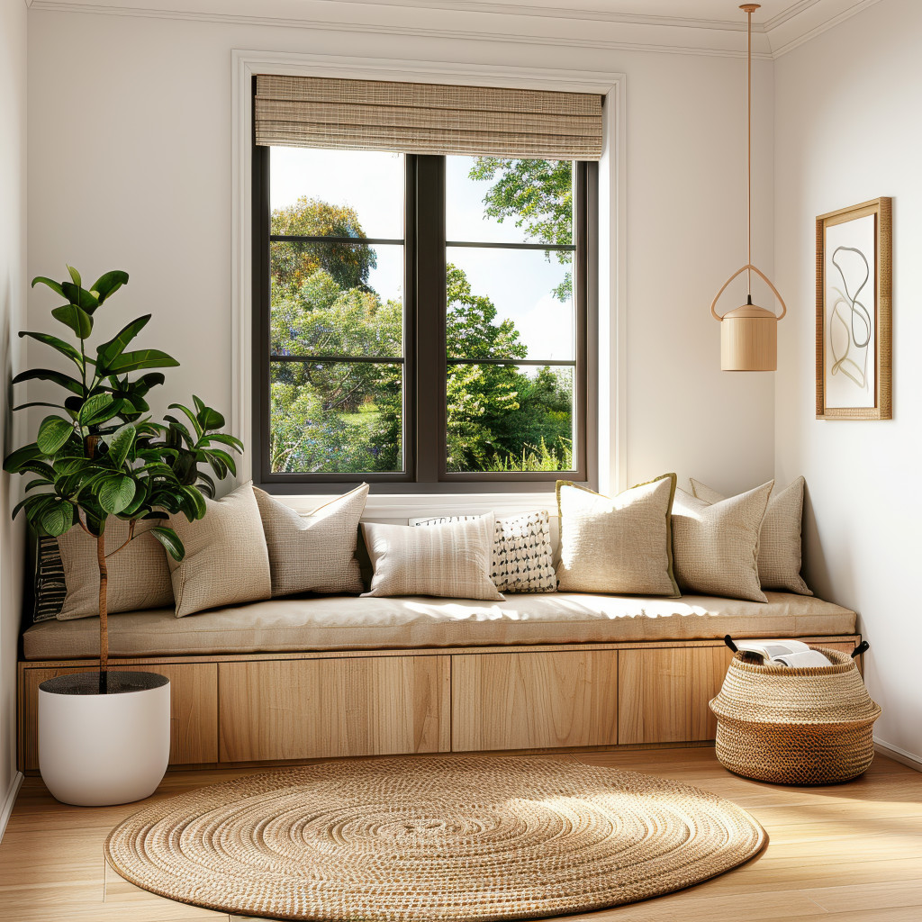 A study room with a window seat, cozy nook, natural light, inviting atmosphere, neutral colors, isolated on white background