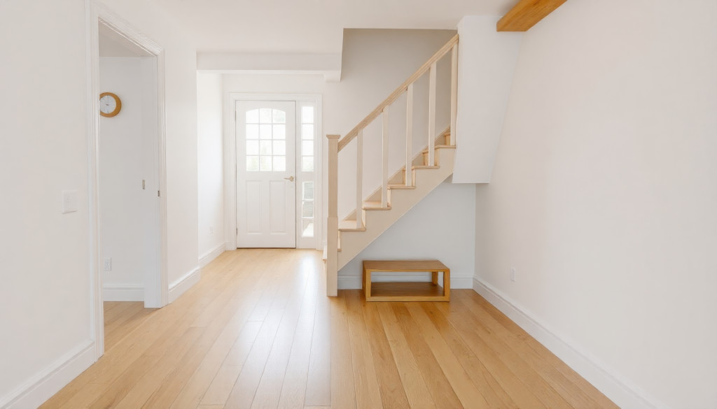 an interior featuring light hardwood floors, minimalist furniture under the stairs, and ample natural light from the doorway