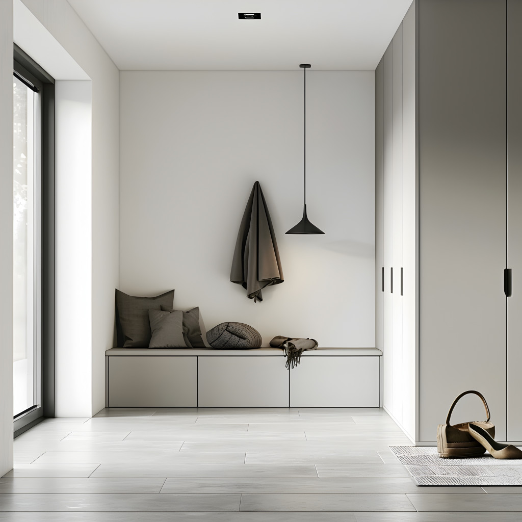 Minimalist hallway design featuring clean lines monochromatic color scheme and sleek storage solutions for a modern and stylish living space