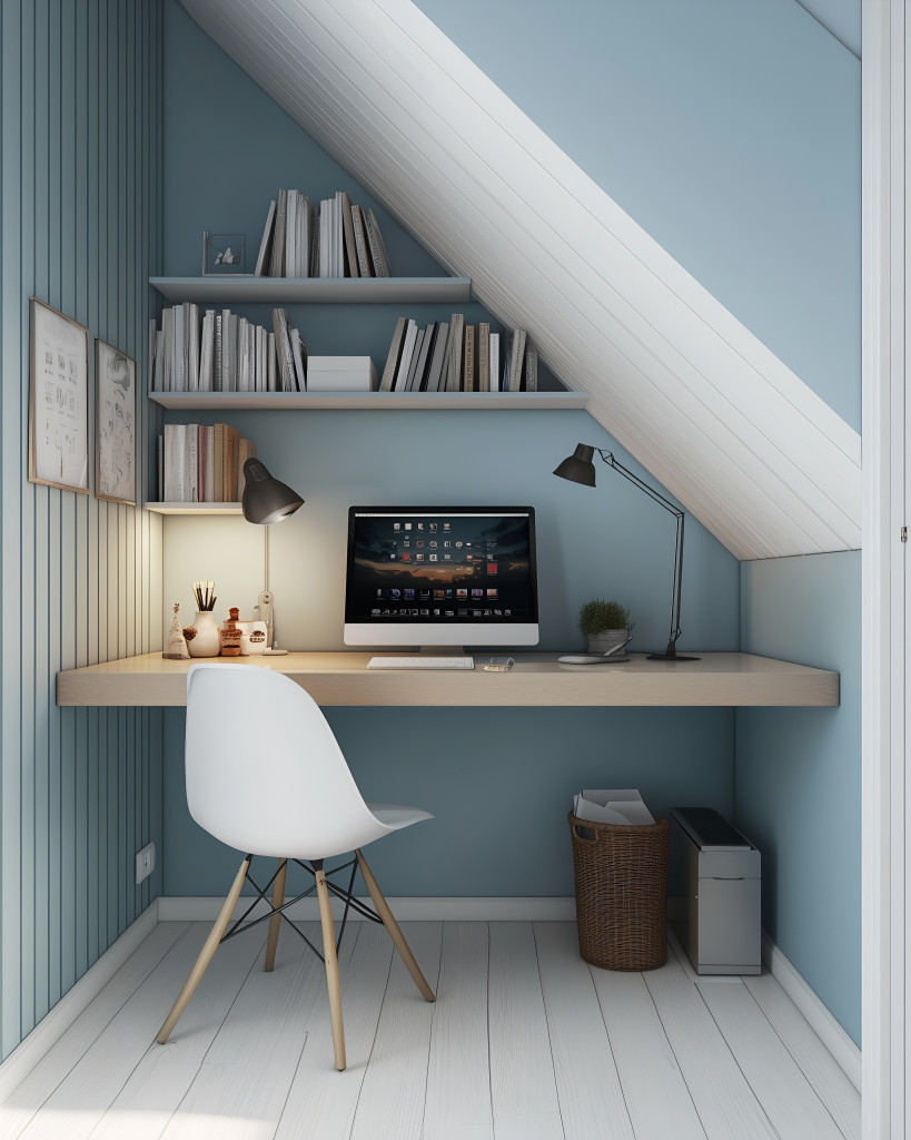 Tiny apartment with space saving solutions. Small home office with space-saving furniture. Interior design. Home office under the stairs. Minimalism. Work from home.