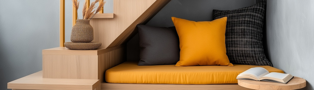 A small, cozy reading nook built under the stairs with bright yellow and dark grey cushions, a wicker basket for decoration, and an open book on a wooden stool, creating a modern and minimalist space