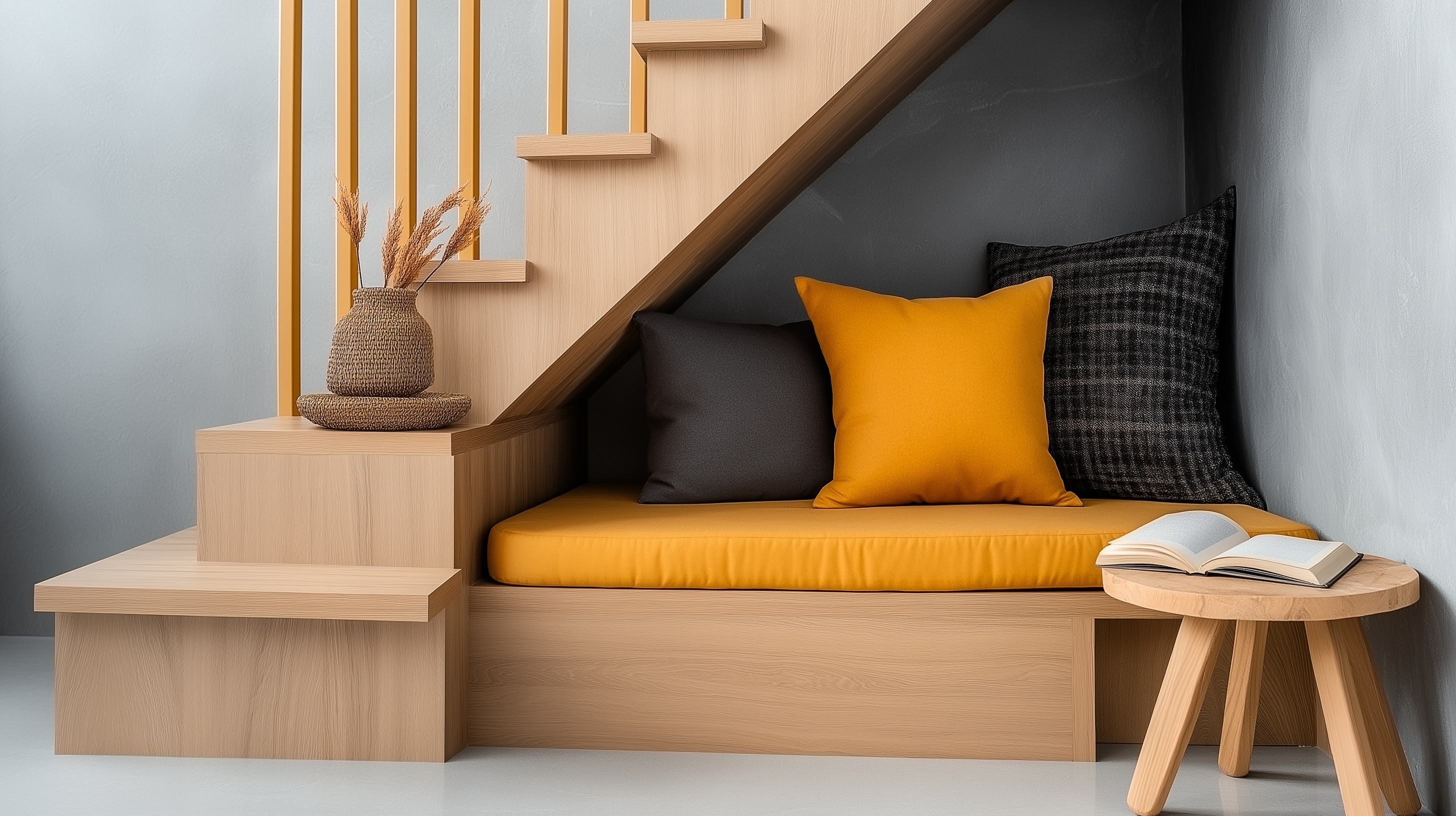 A small, cozy reading nook built under the stairs with bright yellow and dark grey cushions, a wicker basket for decoration, and an open book on a wooden stool, creating a modern and minimalist space