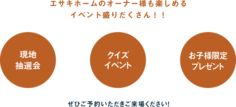 エサキホームのオーナー様も楽しめるイベント盛りだくさん! 現地抽選会 クイズイベント お子様限定プレゼント ぜひご予約いただきご来場ください!