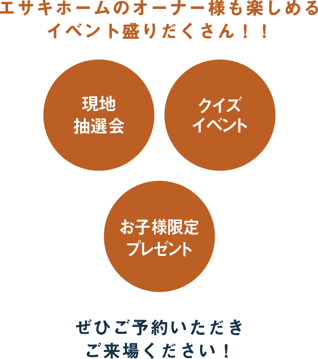 エサキホームのオーナー様も楽しめるイベント盛りだくさん! 現地抽選会 クイズイベント お子様限定プレゼント ぜひご予約いただきご来場ください!