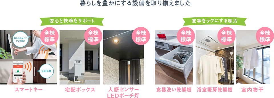 暮らしを豊かにする設備を取り揃えました スマートキー 宅配ボックス 人感センサーLEDポーチ灯 食器洗い乾燥機 浴室暖房乾燥機 室内物干